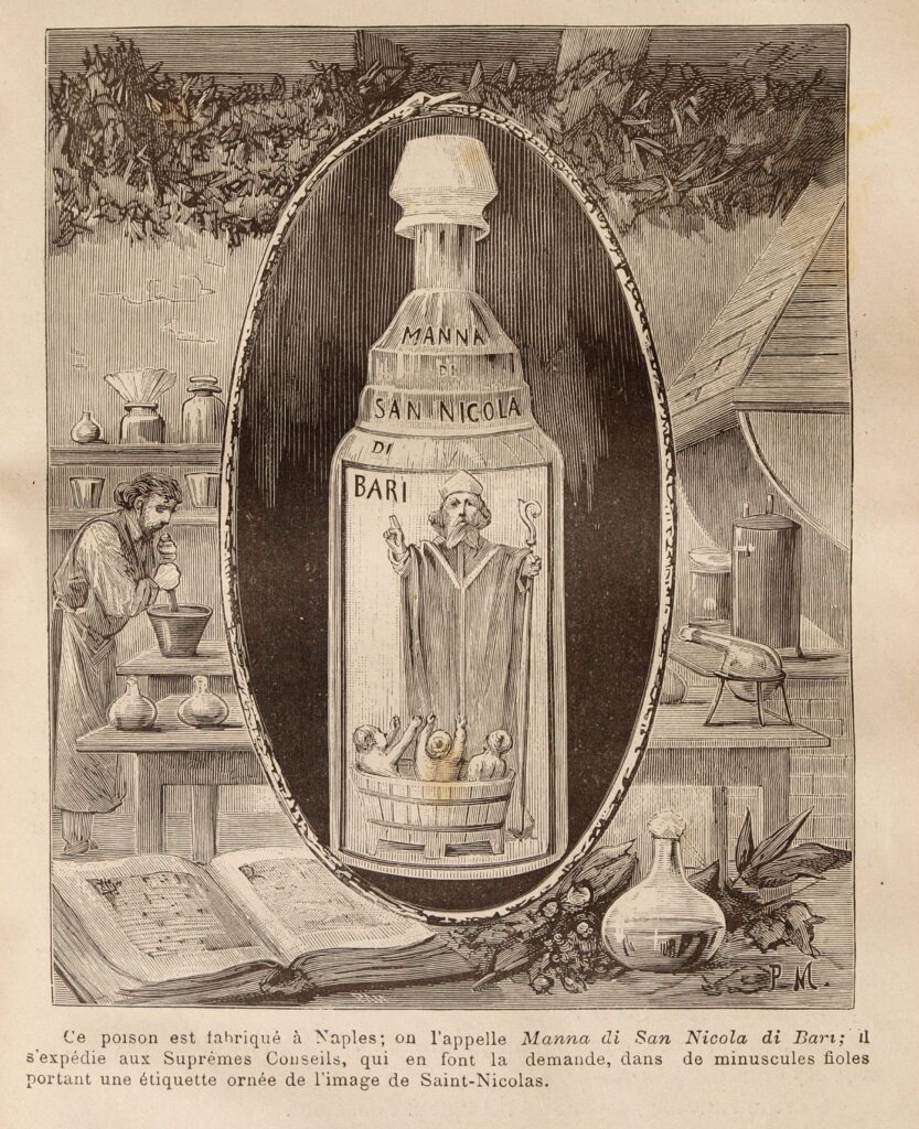 Illustration d'une bouteille d'Aqua Tofana identifiée comme "Manne de Saint-Nicolas de Barice".